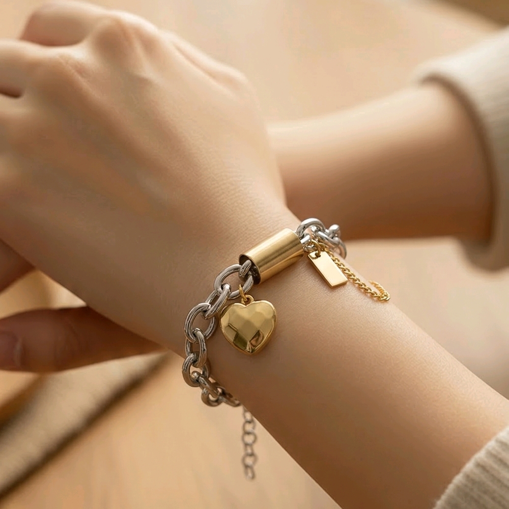 Mixed Metal Chunky Chain Bracelet Stainless Steel Gold Heart Charm 18K Plated